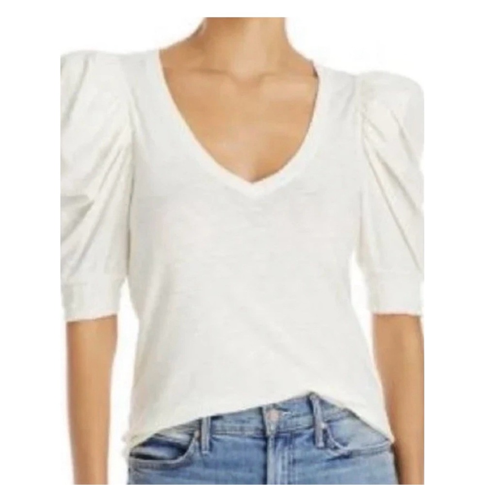 Nation LTD Pima Cotton Puff Sleeve Tee White V Neck Size Small